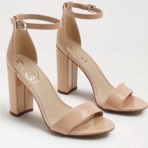 NIB Sam Edelman Yaro Ankle Strap Block Heel Sandals in Patent Beige Blush